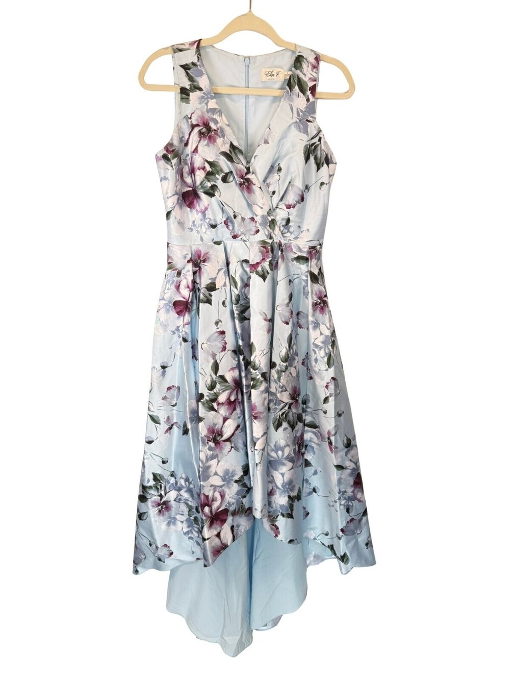 Eliza J Blue Floral Satin High Low Dress 6 Surplice Wedding Guest Cocktail